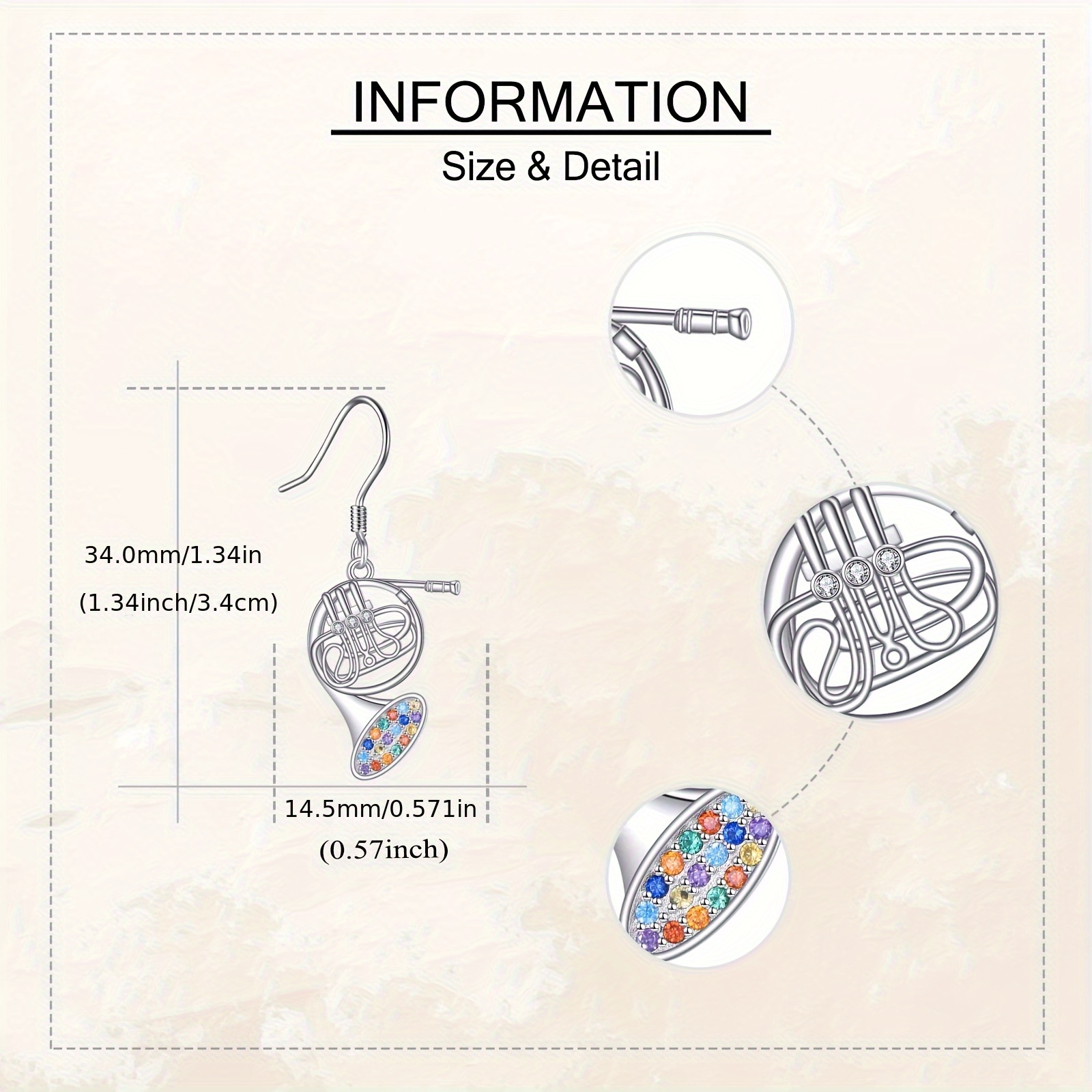 French Horn Music Earrings in 925 Sterling Silver